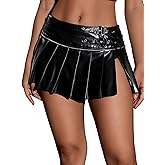 MakeMeChic Women's Pleated Leather Skirts Buckle Low Waisted Y2K Belted Mini Skirts