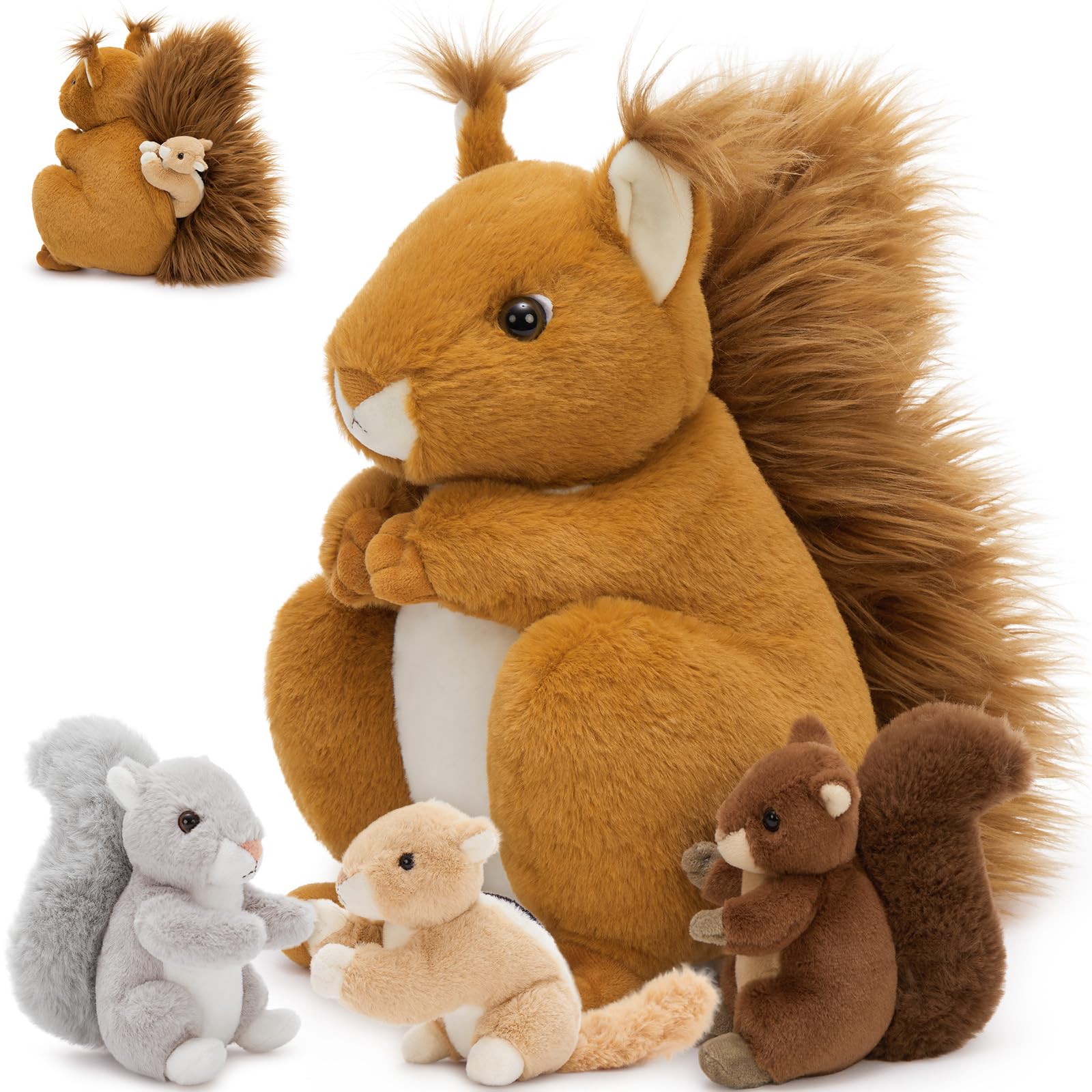 MorisMos 4 stücke Eichhörnchen Kuscheltier XXL Set, 35cm hoch riesen eichhörnchen Kuscheltier mit Babys im Bauch, Groß Squirrel Plüschtier Stofftier Geschenk Kinder
