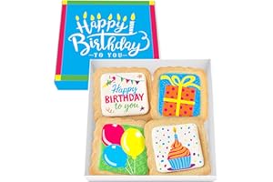 OMCOOKIE Happy Birthday Cookies 4 PACK Gift Basket for Kids Men Women | Decorated Sugar Cookie Gift Box | Individually Wrapped Party Favors Nut Free (Birthday, Standard Box)