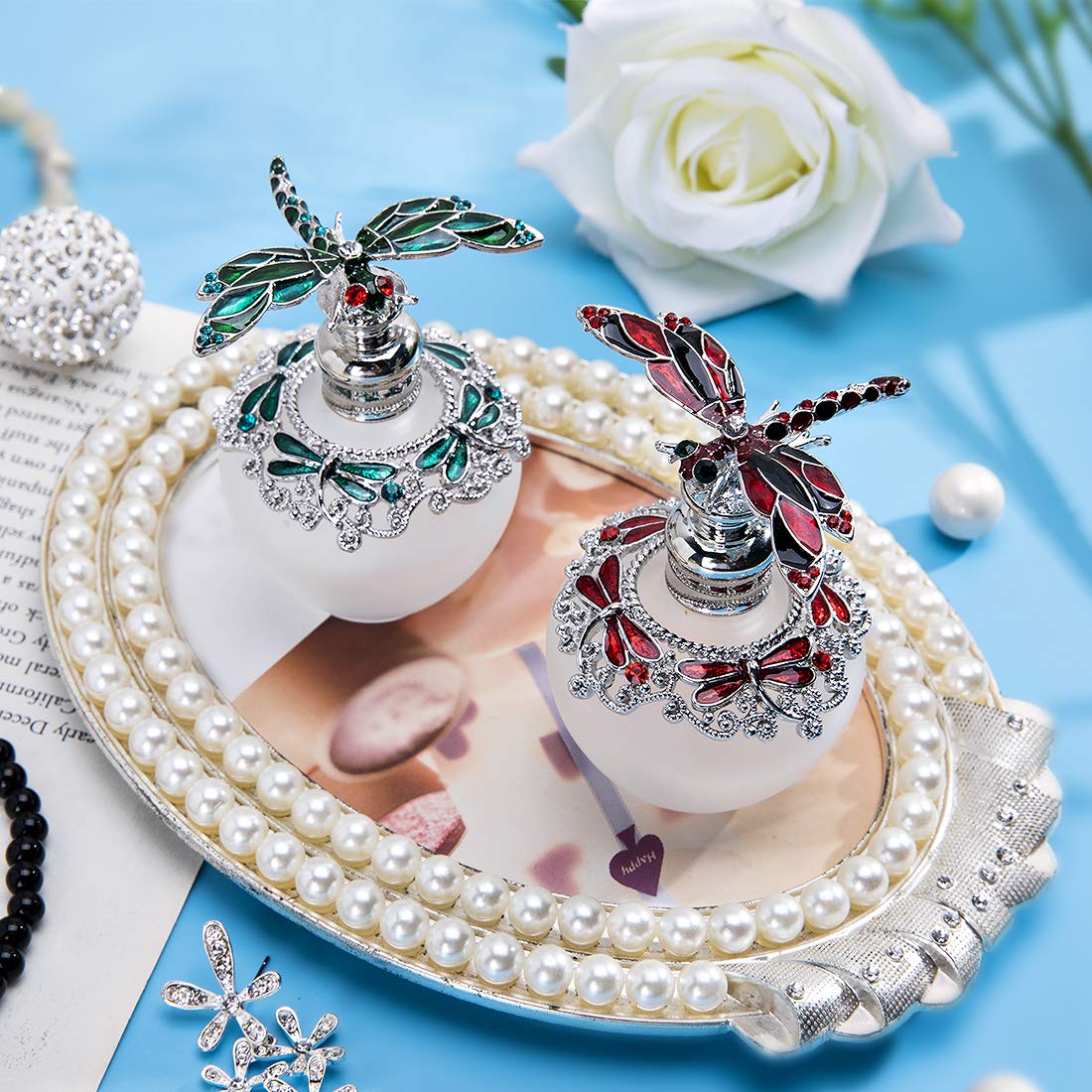 YU FENG 40ml Fancy Empty Crystal Perfume Bottle with Green Dragonfly Stopper Rhinestones Bejewelled Refillable Glass Bottle Containers