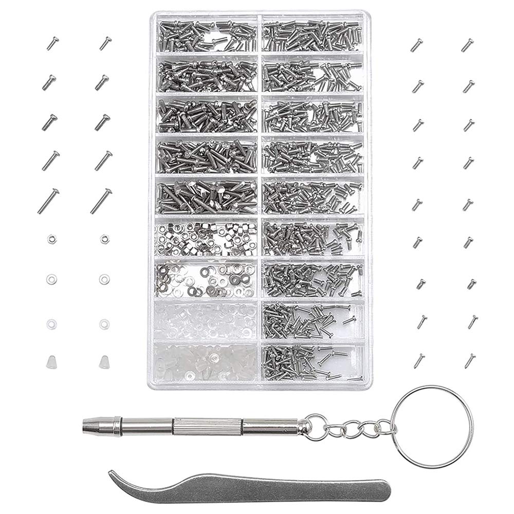 MMOBIEL 1000 Pcs Stainless Steel Micro Screws Nuts Washers Eyeglass Spectacles Sunglass Repair Set incl. Screwdriver and Metal Tweezer