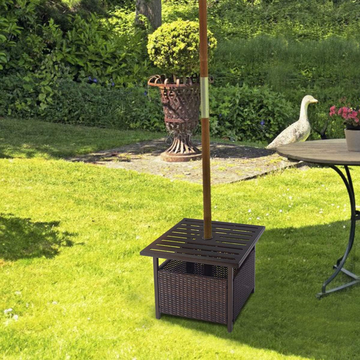 Giantex Patio Rattan Wicker Umbrella Side Table Stand with Umbrella Hole Steel Outdoor Deck Garden Pool Umbrella Side Table, Brown : Garden & Outdoor