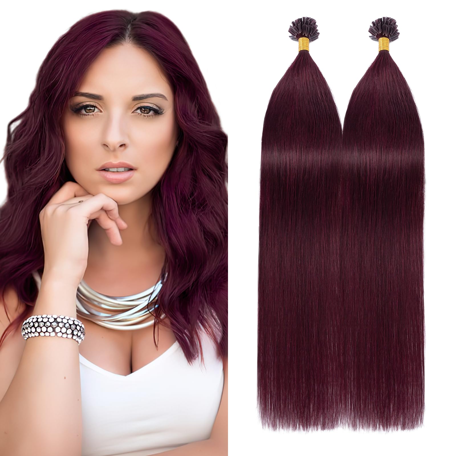 Silk-co U Tip Pre Bonded Hair Extensions Strands Keratin Nail Tip Straight Human Hair Extensions U tip Real Remy Hair 100 Strands Keratin Nail Til 20"-100g #99J Wine Red — image 1
