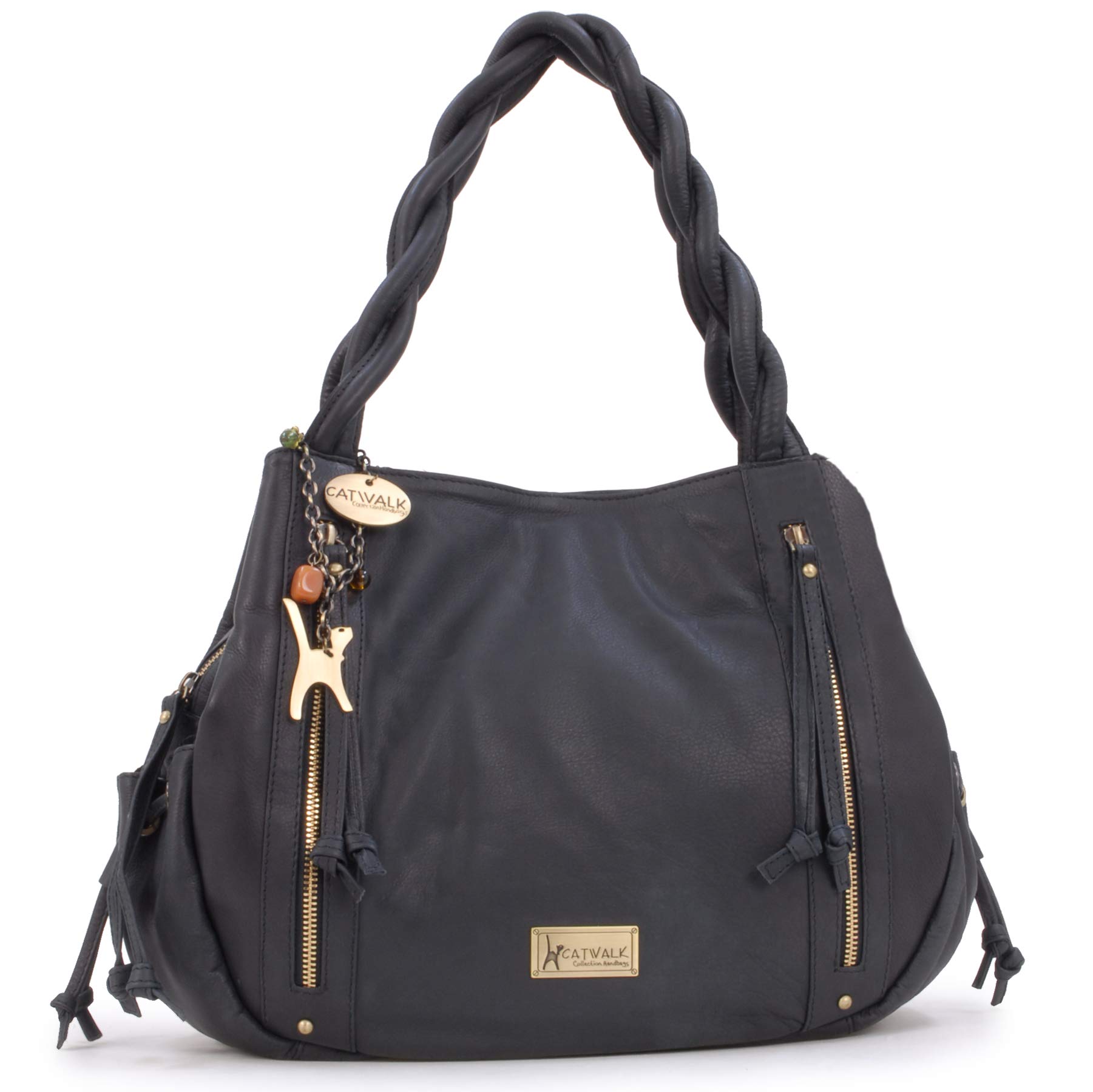 Catwalk Collection Handbags - Women's Large Leather Hobo Shoulder Bag - Tote Bag With Zip - Handbag With Multiple Compartments - Caz - Black