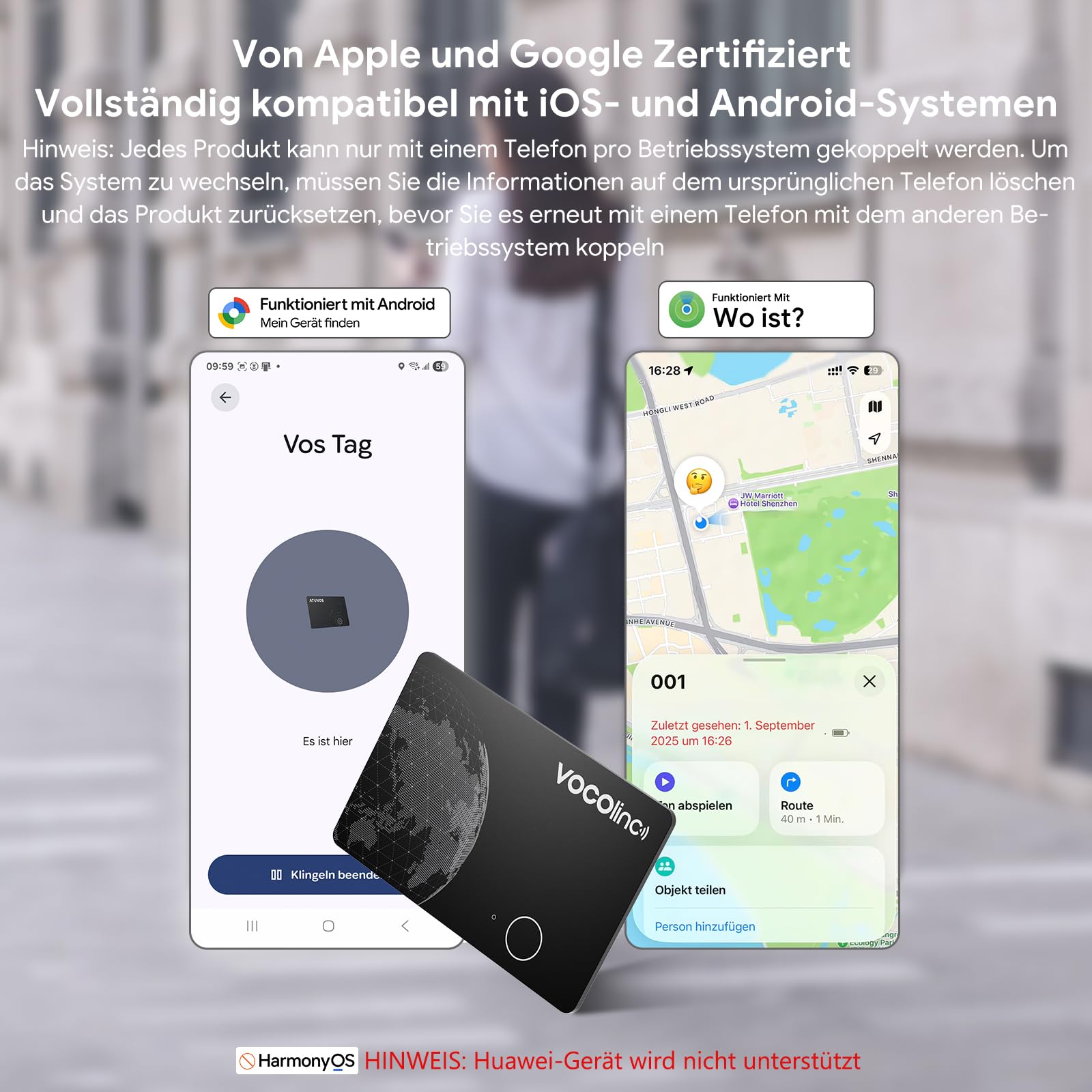 VOCOlinc Air Tag Alternative Karte Kompatibel mit Apple Wo Ist & Android Google Mein Gerät Finden APP, Bluetooth Wiederaufladbar Wallet Tracker Card Ultra Slim für Geldbeutel/Gepäck/Taschen/Koffer 4