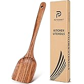 Teak Wood Spatula for Cooking, Wooden Kitchen Cooking Utensil, Large Long Handle Solid Wok Spatula Flipper with Raised Sides for Serving Scooping Frying Mixing Stirring Eggs Beans,Non-Toxic,13.4″,1Pk