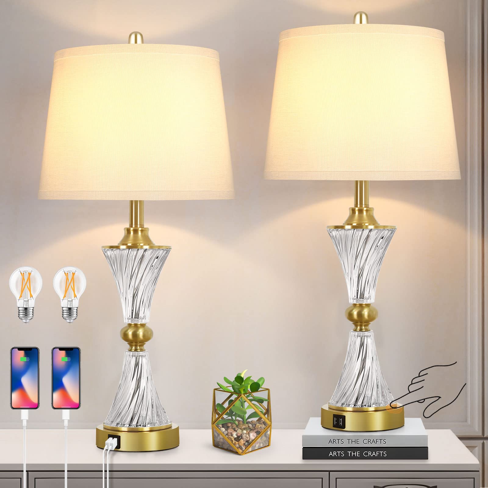 Photo 1 of Touch Control Dimmable Table Lamps for Bedrooms, 3-Way Gold Crystal Bedside Lamp with USB Ports, Set of 2 Contemporary End Table Lamps with White Drum Shade for Living Room Reading, LED Bulbs Included