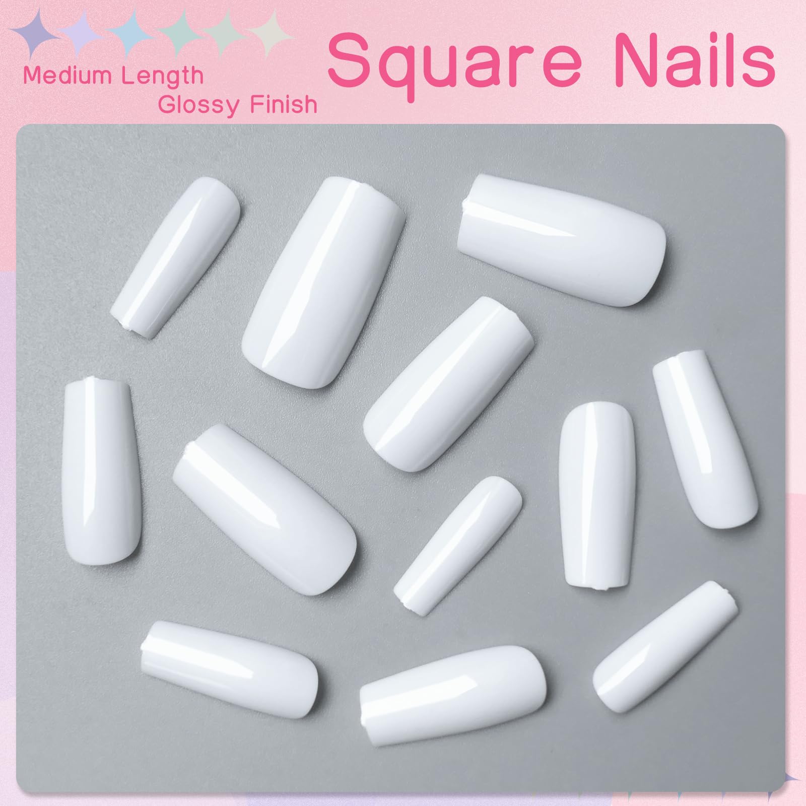 LuckForever 240pc White Square Press on Nails, Glue on Press on Nails, 10 Sizes, 1 Set, 240 Items, 240 Pieces, 1 Pack - Image 4
