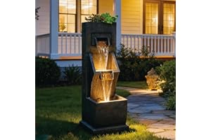Bumilgar 35" H Modern Indoor Water Fountain with LED Lights and Pump, 3-Tier Standing Cascading Waterfall - Modern Design for Garden/Patio/Yard, Multi-Level Outdoor Decor 13“x11”x35“(Brown)