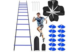 RAINMAE Pro Speed & Agility Training Set—Includes 12 Rung 20ft Adjustable Agility Ladder with Carrying Bag, 12 Disc Cones, 4 Steel Stakes, 1 Resistance Parachute, Use Equipment to Improve Footwork Any Sport