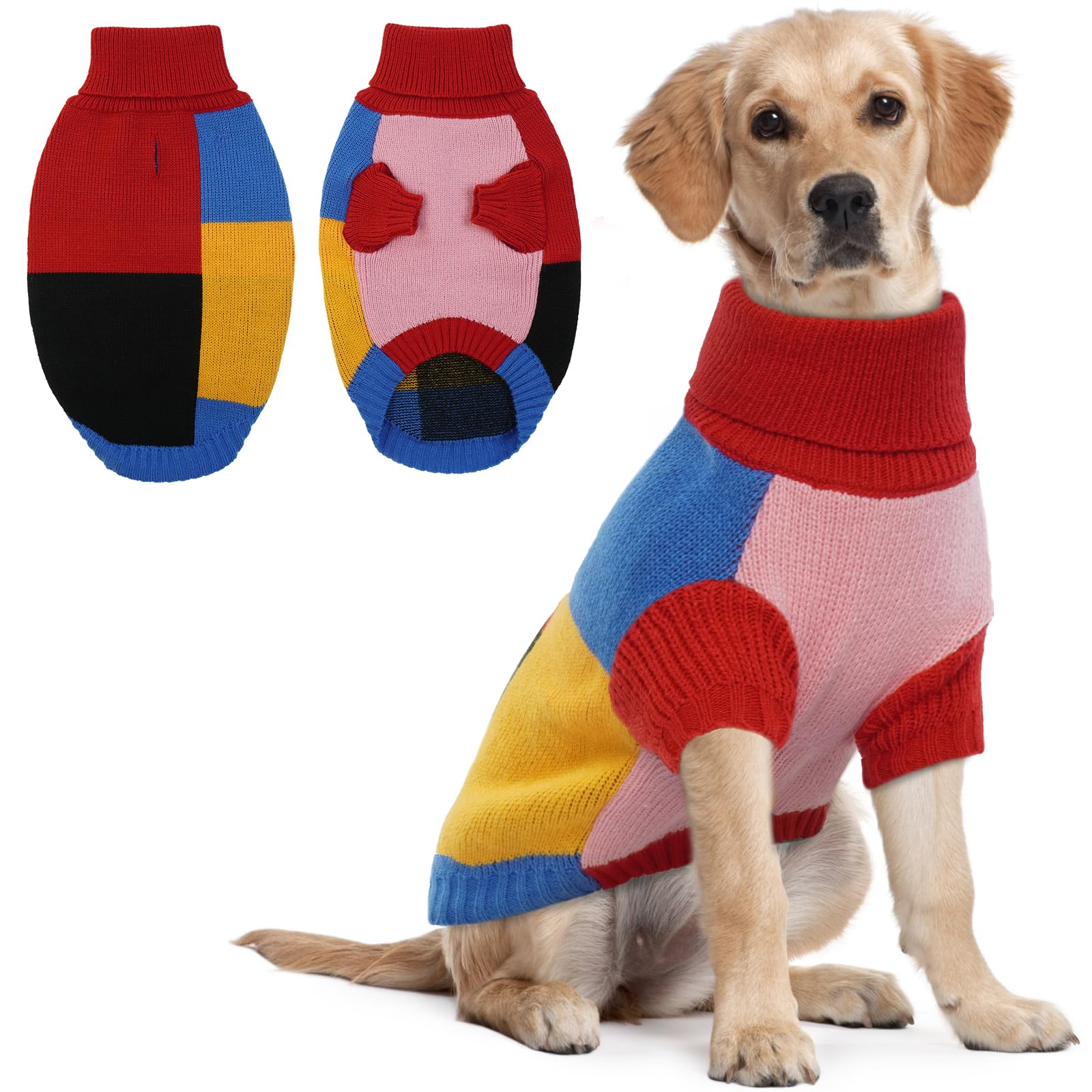 Hjumarayan Dog Jumper, Vintage Dog Jumper Large with Legs, Soft & Warm Sweater with Harness Hole, Colour Blocked Xmas Jumpers for French Bulldog, Red XL