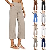 KGKLKAX Linen Capri Pants for Women Wide Leg Capris Pant Summer Boho Dressy Casual Elastic Waist Beach Trousers with Pockets