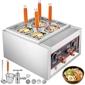 VBENLEM Electric Pasta Cooking Machine 4 Holes with Pasta Baskets Commercial Pasta Cooker Noodles Cooker 4KW 220V Table Top Noodles Cooker Machine with Manual Noodles Press Machine