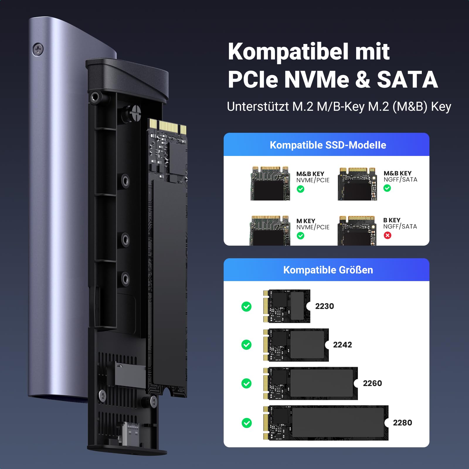 UGREEN M2 SSD Gehäuse, NVME SATA M.2 SSD Gehäuse USB 3.2 GEN 2 10Gbps, NVME Gehäuse für M-Key und B&M-Key, kompatibel mit 970 EVO Plus, 760P usw 3