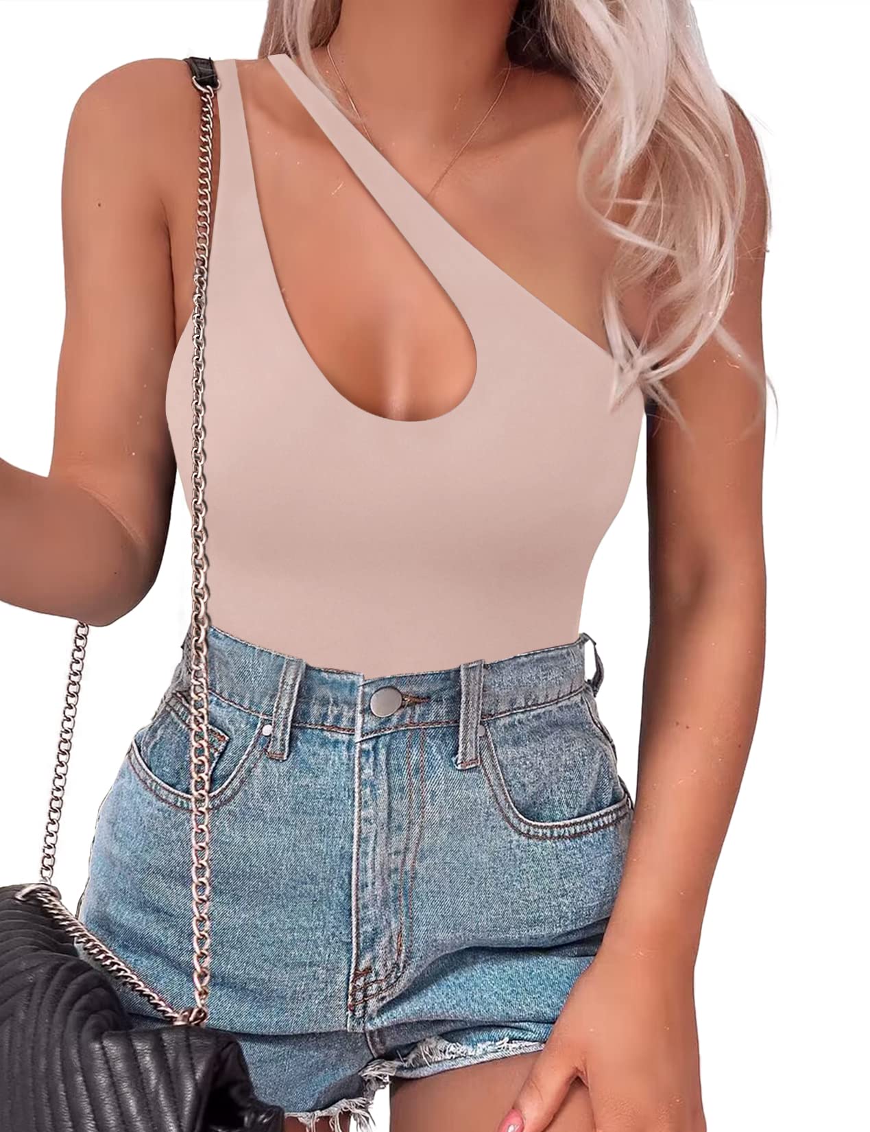 Photo 1 of SAUNGKUAI Women's Sexy One Shoulder Sleeveless Cutout Thong Bodysuit Tank Top Body Suits V Backless Tummy Control Shapewear Pink M