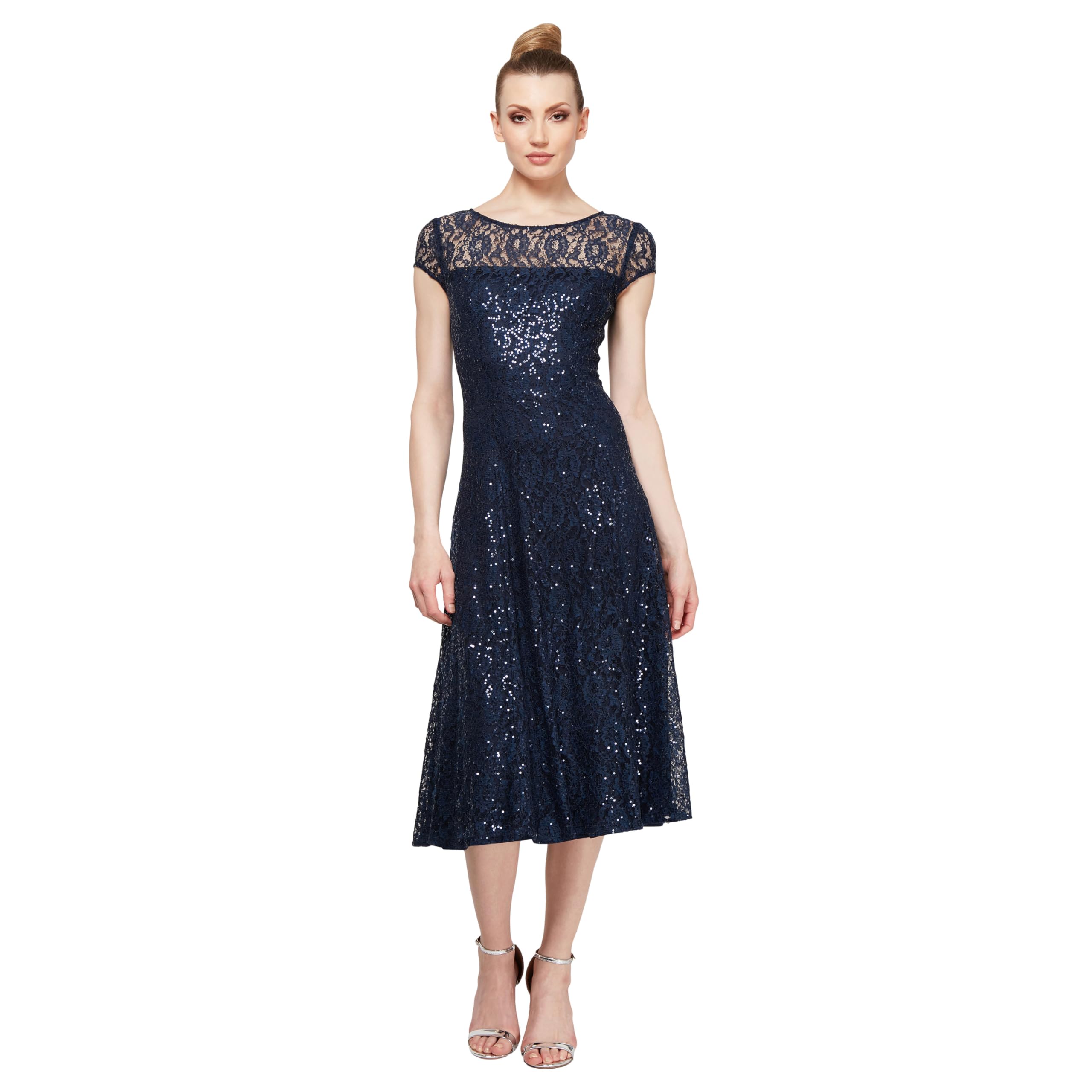 Photo 1 of S.L. Fashions Women's Tea Length Cap Sleeve Lace A-Line Dress, Navy Sequin, 16
