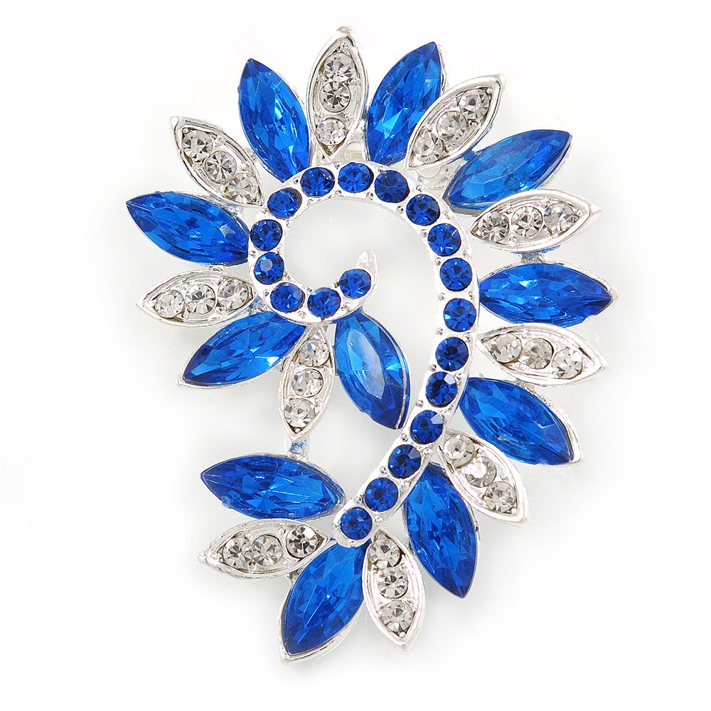 Large Sapphire Blue/Clear Corsage Brooch In Silver Tone Metal - 65mm L