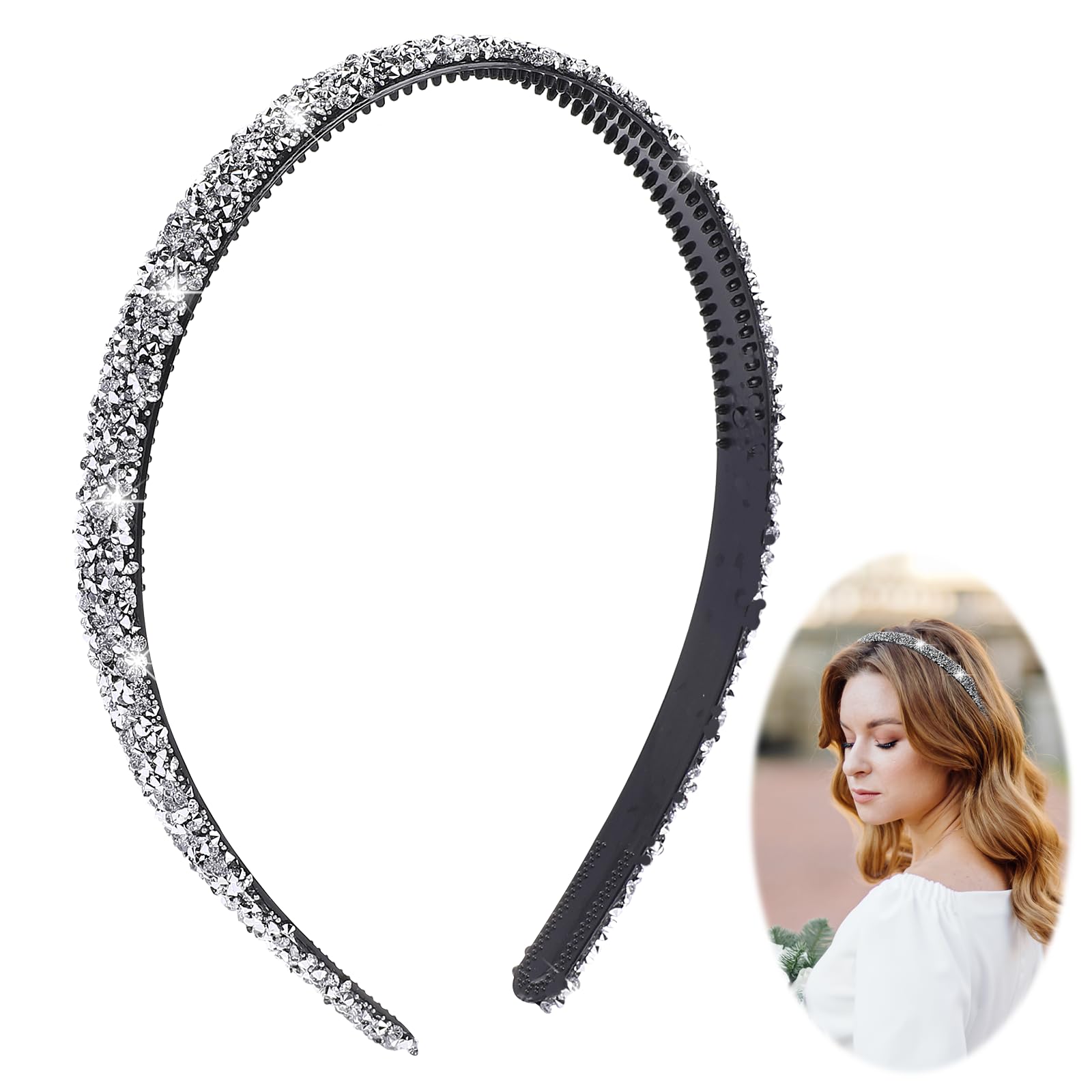 Rhinestone Headbands Sparkling Bling Crystal Headbands for Women Sparkly Crystal Diamond Headband Thin Silver Hair Hoops Non Slip Hair Band for Women Girls Bridal Wedding Party