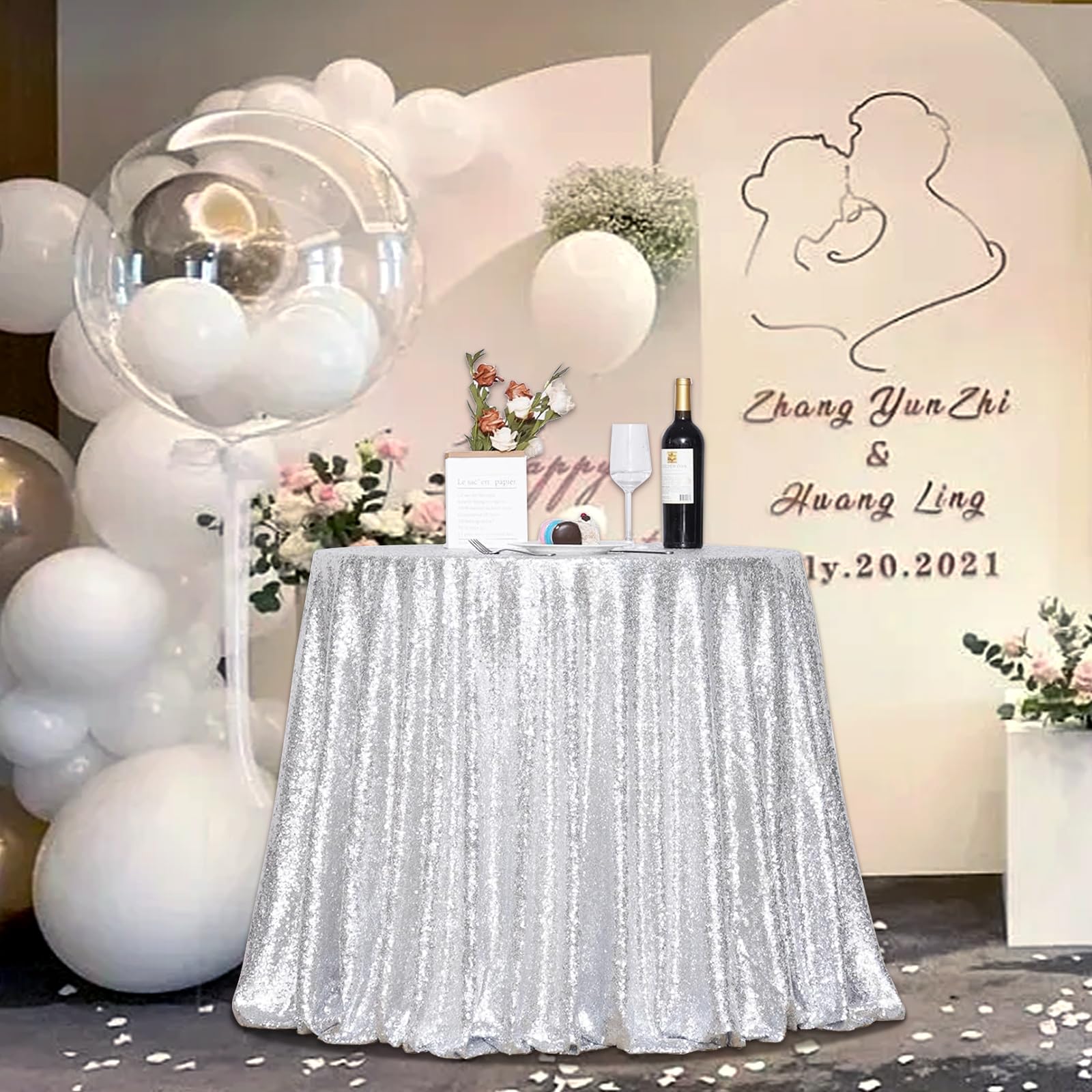 PartyDelight 70" inch Silver Sequin Tablecloth Round Wedding, Party, Christmas Decorations — image 1