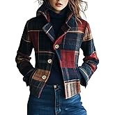 CHARTOU Women Short Plaid Wool Blend Jacket Crop Woo Blazer Pea Coat Crop Winter Outwear