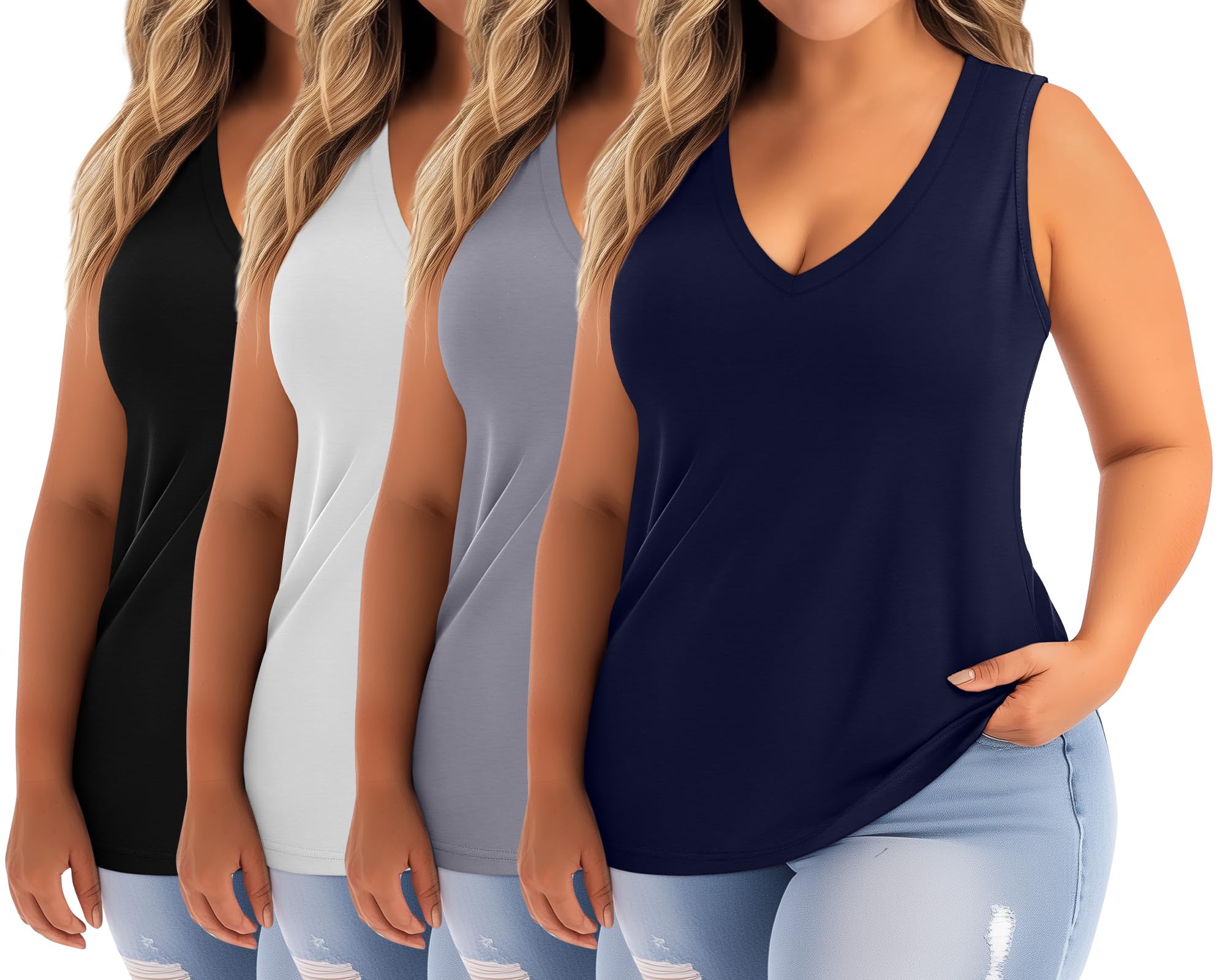 Photo 1 of Ficerd 4 Pack Women's Plus Size Tank Tops, Cotton Blend Casual V Neck Sleeveless Shirts Ladies Flowy Dressy Tunics Work Tees(4XL,Black, White, Gray, Navy)