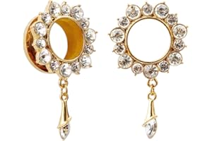 KUBOOZ Gemmed Flower Drop Eyelets Gold Plated Stainless Steel Flare Screw Back Ear Tunnels Plugs Gauges