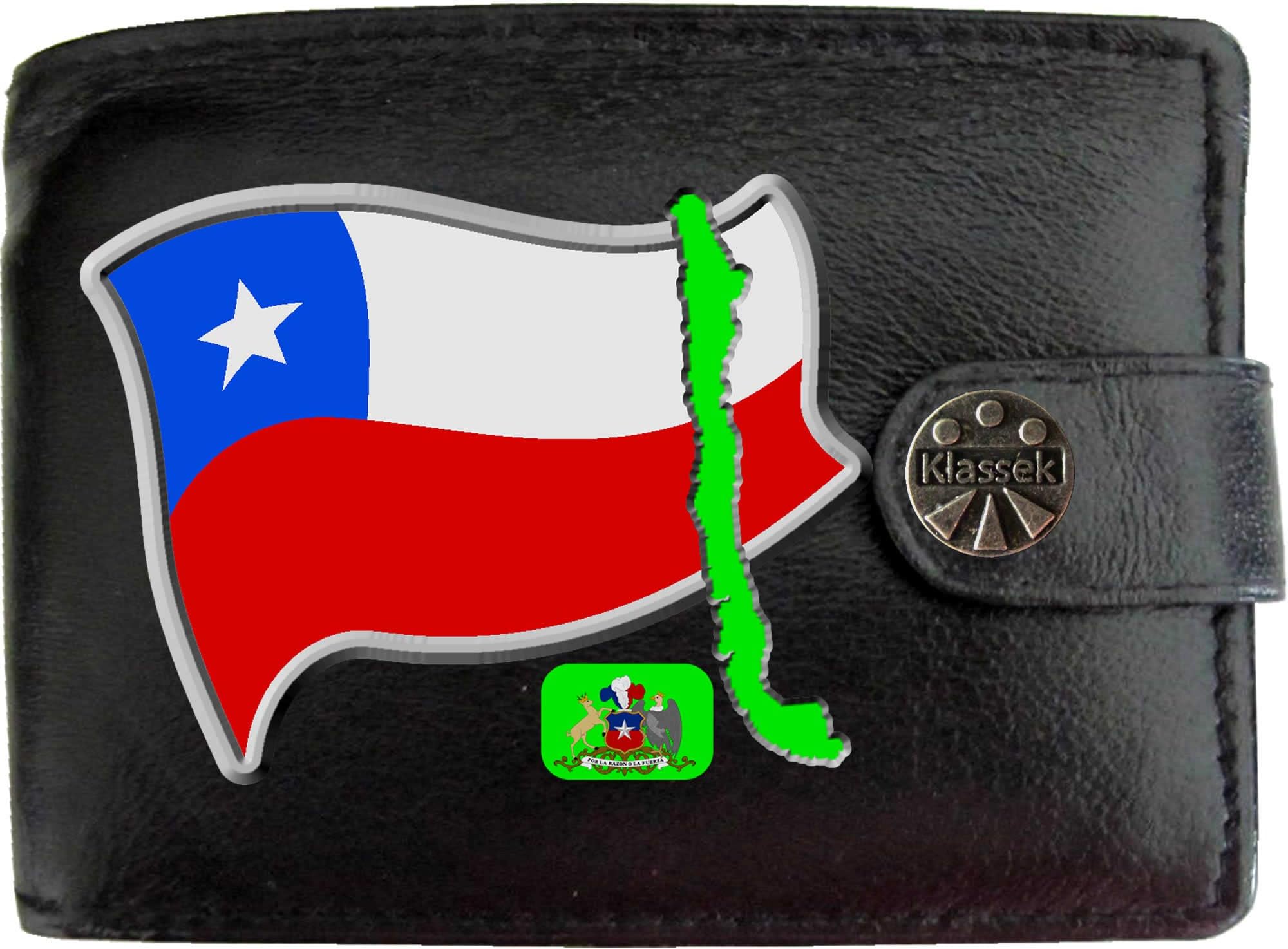 Chile Flag Chilean Map and Coat of Arms COA KLASSEK Mens Wallet Real Black Leather RFID Blocking with Coin Pocket and Metal Gift Box