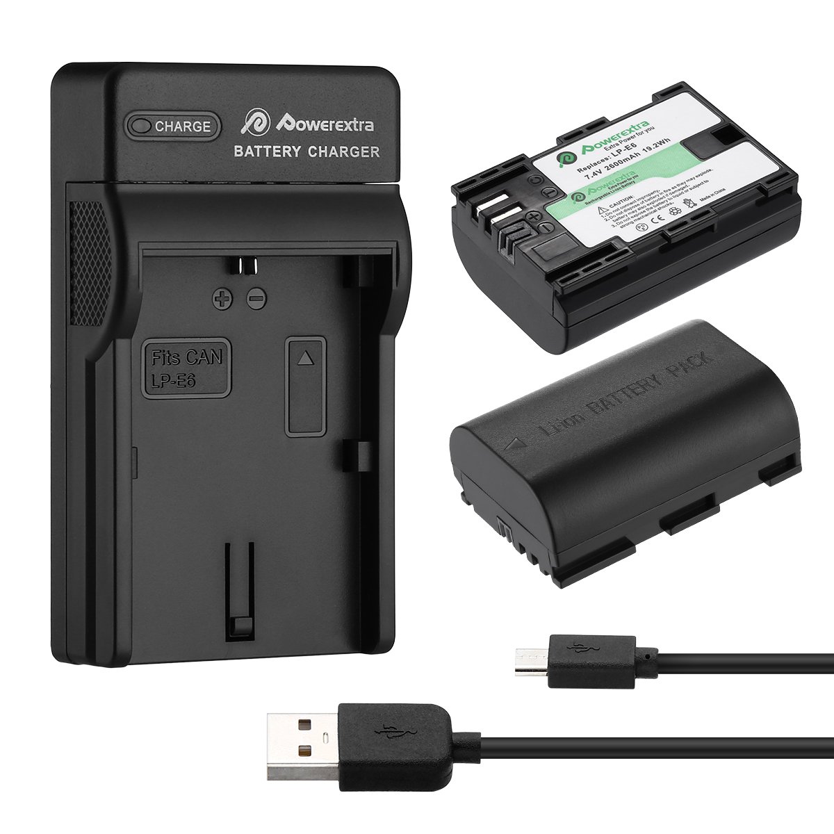 Powerextra 2 Pack Battery and USB Charger for Canon LP-E6 LP-E6N and Canon EOS 70D, EOS 5D Mark II, 5D Mark III, 7D Mark II, EOS 80D, 60D, 6D, 7D, 5DS, 5DS R and BG-E14, BG-E13, BG-E11, BG-E9, BG-E7, BG-E6 Grips