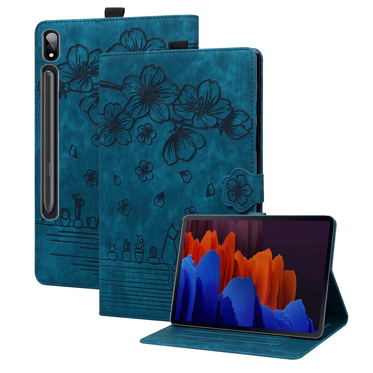 Rosbtib Tablet Case for Lenovo Tab P12 Pro 12.6 Inch PU - Leather Flip Case Protector with Card Slot Standing Function Cover Lenovo Tab P12 Pro 2021, Sakura Cat Blue