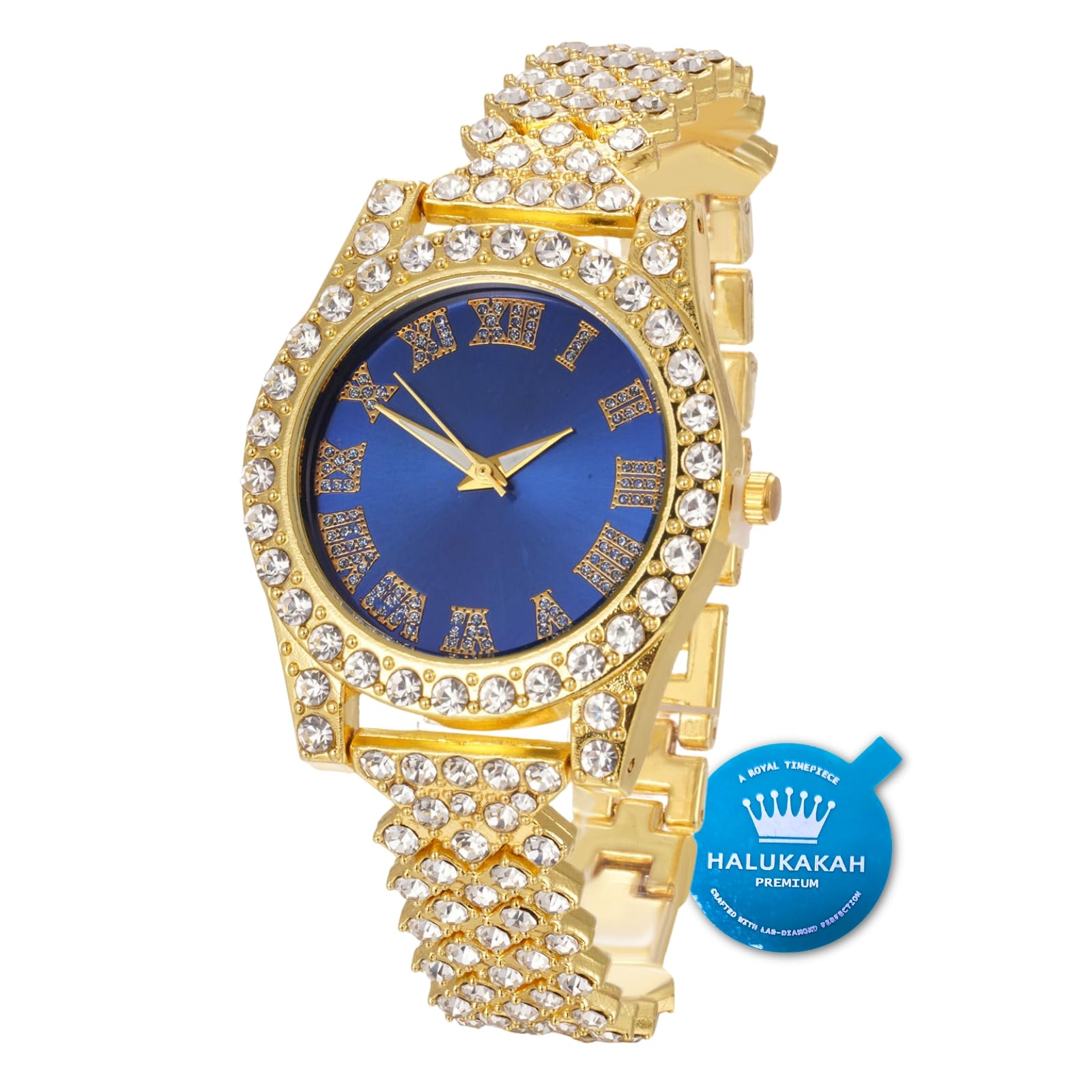 HALUKAKAH Diamonds Gold Watch Iced Out,Women's 18K Real Gold Plated 36MM Width Blue Dial Quartz Wristband 20cm,Free Giftbox