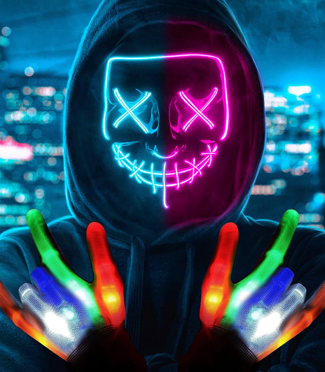 SogYupk Halloween Purge Mask with Gloves LED Scary Mask for Halloween Costume Party, Masquerade Cosplay Light Up Purge Face Cover with 3 Lighting Modes for Men Women Adults (Pink+Blue)