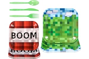 80pcs Pixel Party Plates Set for 16 Guests, 2 Style Video Game Party Plates with Plastic Matching Fork Knife Spoons for Pixel