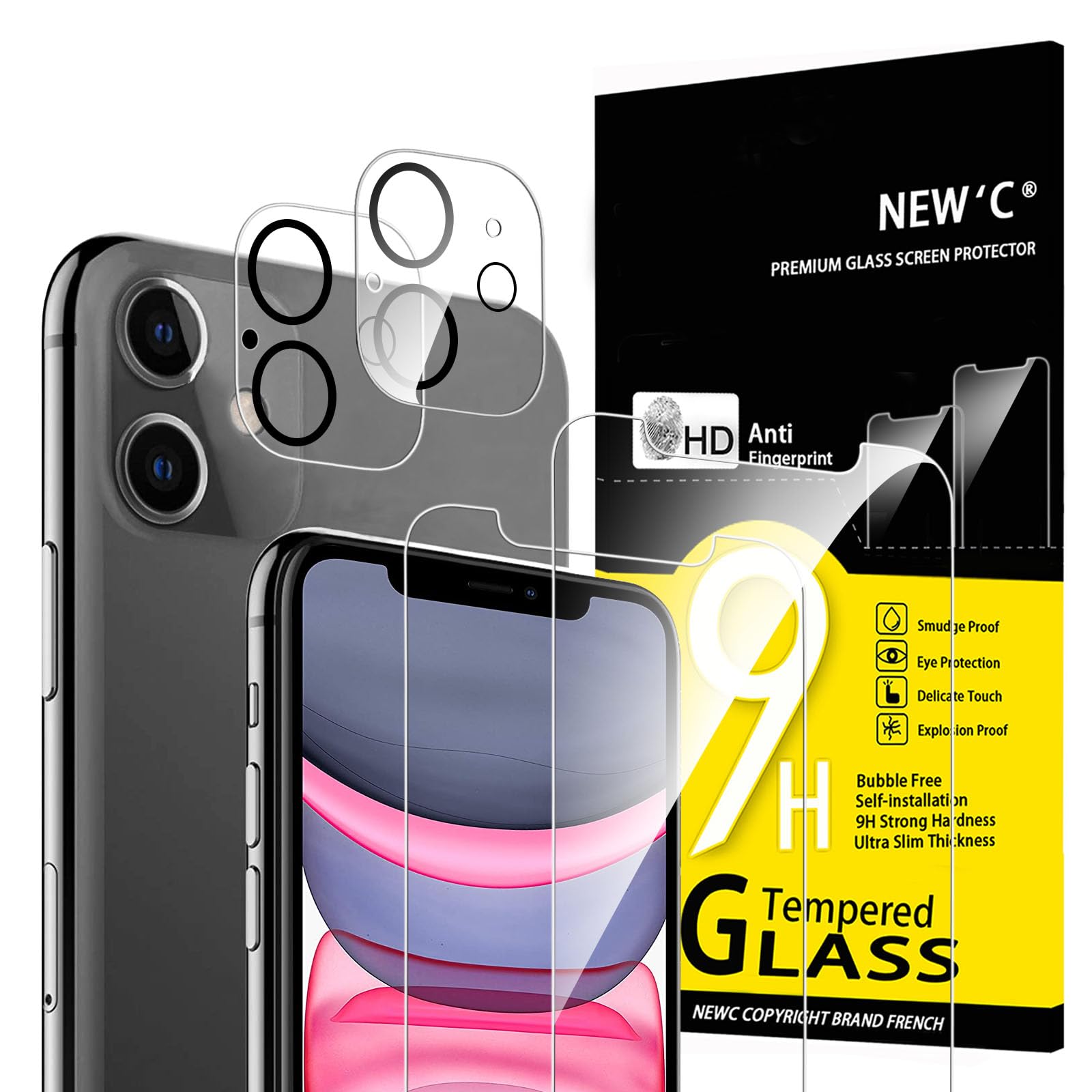 NEW'C 4 Pack, 2 Pack for iPhone 11 Screen Protector + 2 Pack Camera Lens Protector, Sensor Protection,Case Friendly Tempered Glass Film
