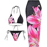 GORGLITTER Women's 3 Piece Swimsuits Floral Print Halter Triangle Tie Side Bikini Set with Cover Up Skirt