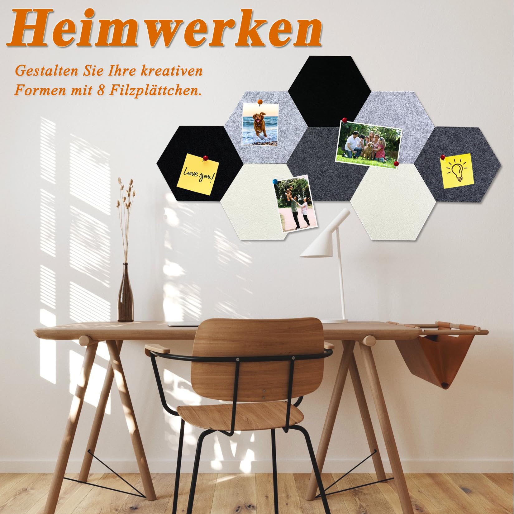 HULAVO Sechseckige Filz Pinnwand, 8 Stück Selbstklebende Heimwerken Pinnwand mit 35 Pinnnadeln für Büro, Schule, Zuhause, Wanddekoration, Aufkleber, Memos, Foto(Grauverlauf) 3
