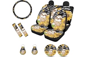 Suobstales Sloth Sunflower Car Accessories for Women Men American Flag Print Car Seat Cover Protector with Steering Wheel Cover,Seat Belt Shoulder Strap Pad, Coasters, Keychains for Car SUV Truck
