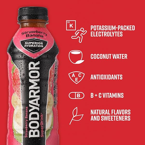 BODYARMOR SPORTS DRINK, STRAWBERRY BANANA, ELECTROLYTE DRINK HYDRATION, 12 FL OZ BOTTLES (8 PACK), FLAVORED COCONUT WATER WITH B VITAMINS & ANTIOXIDANTS