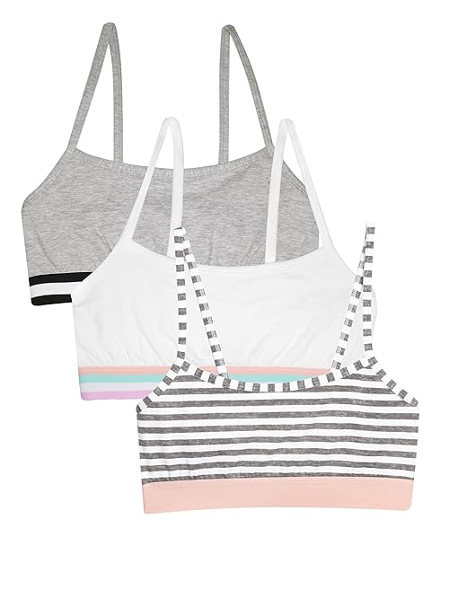 Fruit of the Loom Girls' 3 Pack Spaghetti Strap Sports Bra, Grey Stripe/Grey/White, 32