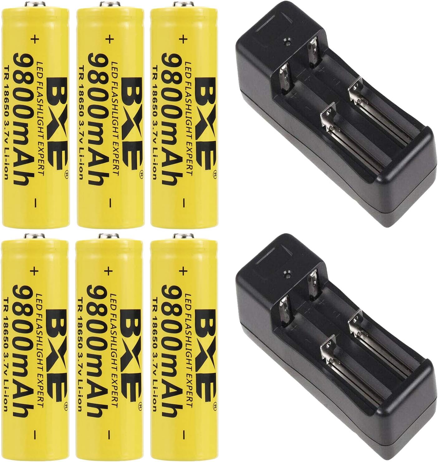 6Pcs 18650 Rechargeable Battery(Button Top),9800mAh 3.7V Li-ion Batteries for Led Flashlight Headlamp + 2Pcs Universal Charger