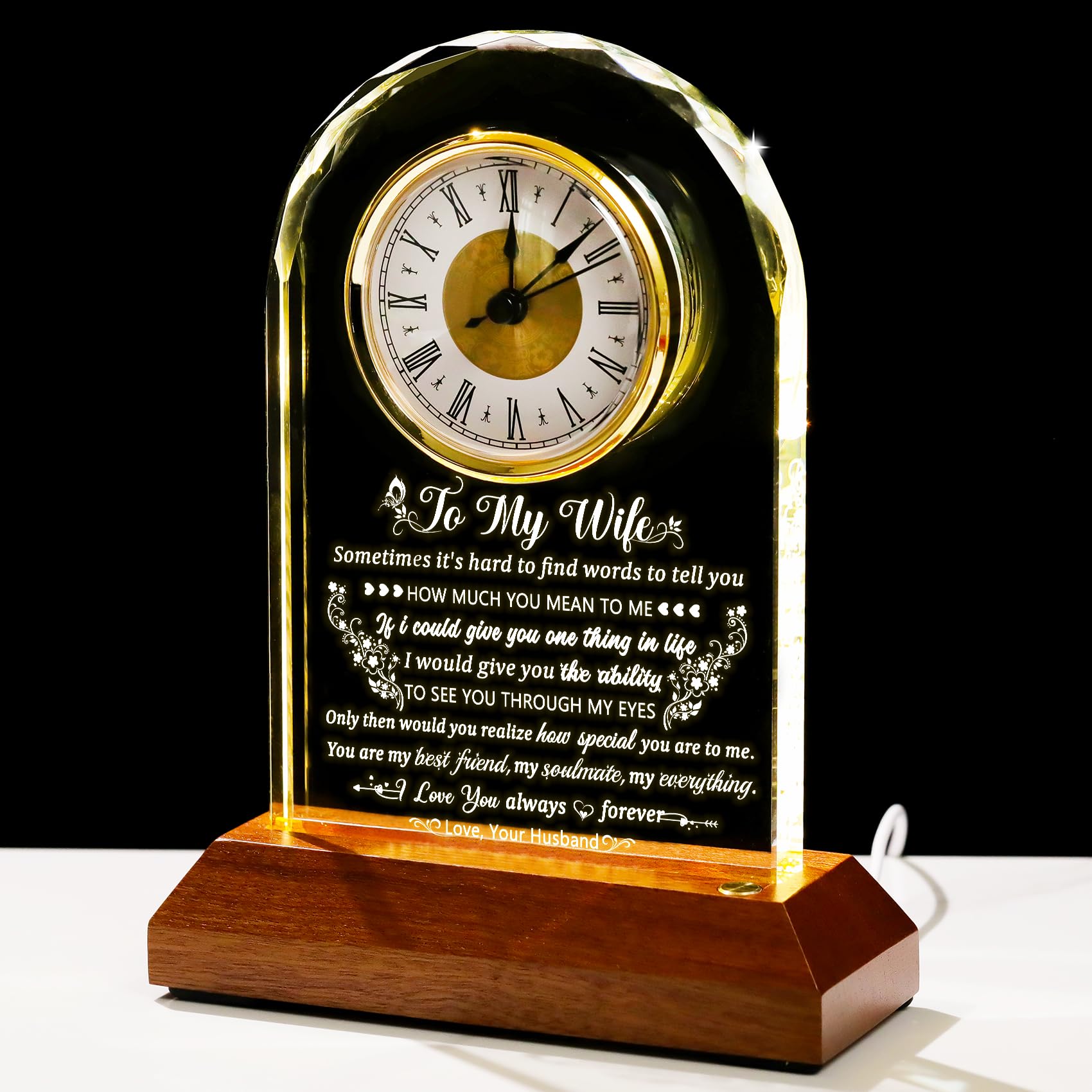Photo 1 of Arikyrist Glass Clock Gifts for Wife from Husband with Wooden Light Base, Personalized Gift for Wife Who Has Everything on Birthday Valentine's Day, Presents for Her on Christmas Home Desk Clock