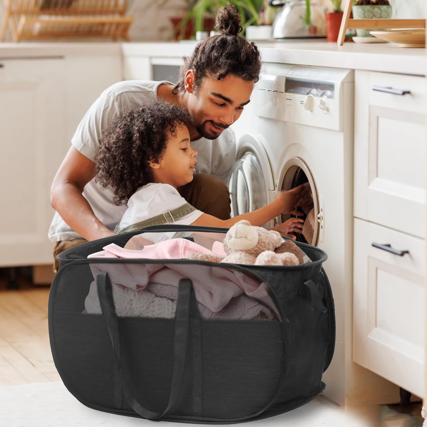 2er-Pack faltbare Pop-Up-Wäschekörbe mit reißfestem Griff platzsparend, stabil, geeignet für Schlafzimmer, Waschküche und Wohnmobilreisen (Schwarz) 2
