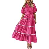 PRETTYGARDEN Women's Summer Button Down Shirt Dress Short Puffy Sleeve Tiered Ruffle Flowy Long Maxi Dresses