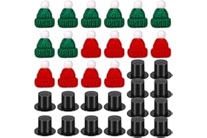 Chalyna 32 Pieces Winter Christmas Mini Doll Snowman Hats for Crafts 16 Small Knitting Santa Hats and 16 Black Plastic Miniature Top Caps for Xmas Ornaments DIY Art and Craft Decoration