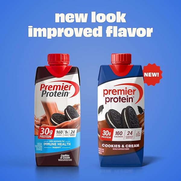 PREMIER PROTEIN SHAKE, COOKIES & CREAM, 30G PROTEIN, NO ADDED SUGAR, 24 VITAMINS & MINERALS TO SUPPORT IMMUNE HEALTH, 11 FL OZ, 4 PACK