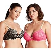 Curve Muse Women's Plus Size Perfect Shape Add 1 Cup Push Up Underwire Lace Bras-2Pk-Dark Pink,Black-36DDD