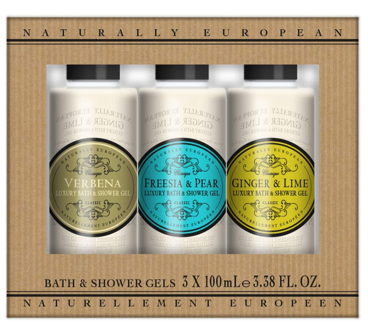Naturally European Luxury Mini Shower Gel Collection - Verbena, Freesia & Pear and Ginger & Lime 3 x 120ml