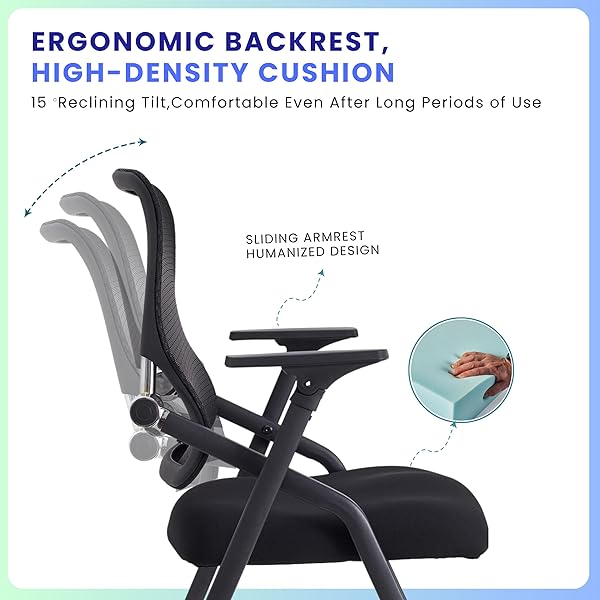BROBRIYO PRO, STACKABLE & FOLDABLE CONFERENCE ROOM CHAIRS WITH 2X THICK CUSHION, LUMBAR SUPPORT, ARMREST – MESH BOUNCING BACK FOR OFFICE MEETING, CONFERENCE, TRAINING ROOM CHAIR 1 PACK