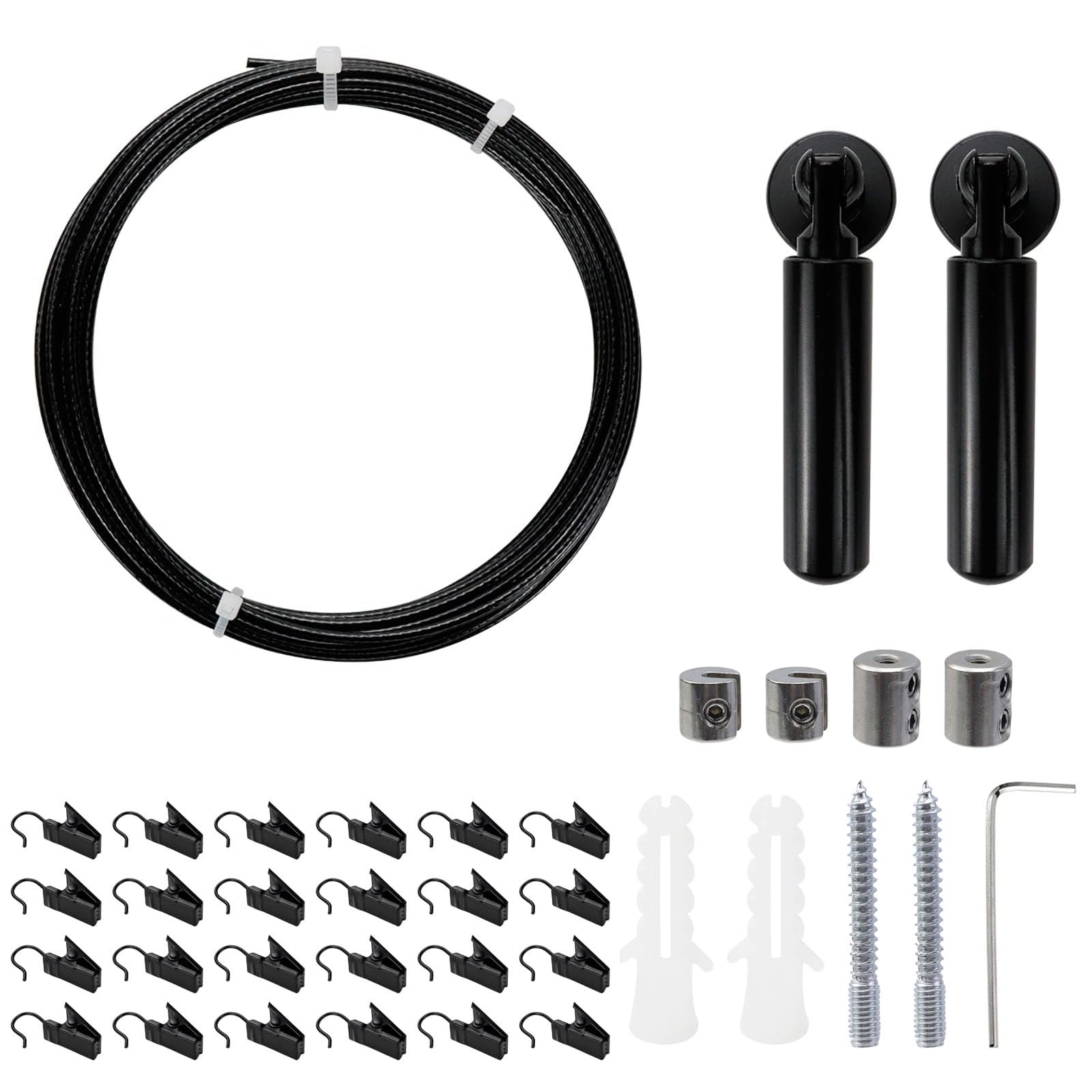 Photo 1 of Nicerity Black Wall Mount Curtain Wire Rod Set Multifunctional Stainless Steel Clothesline Picture Hanging Wire with 24 Clips for Crafts Curtain Clothes Hanging, 16.4ft/5m