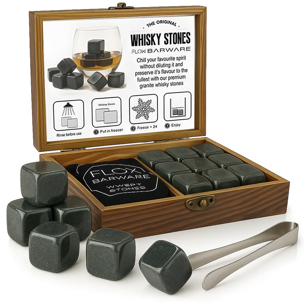 FLOW Barware Whisky Stones | 9 Polished Whiskey Stones Gift Set with Ice Tongs & Wooden Box | Whiskey Stone Gift for Dad, For Men or Father's Day | Granite Whisky Stone Cooling Cubes