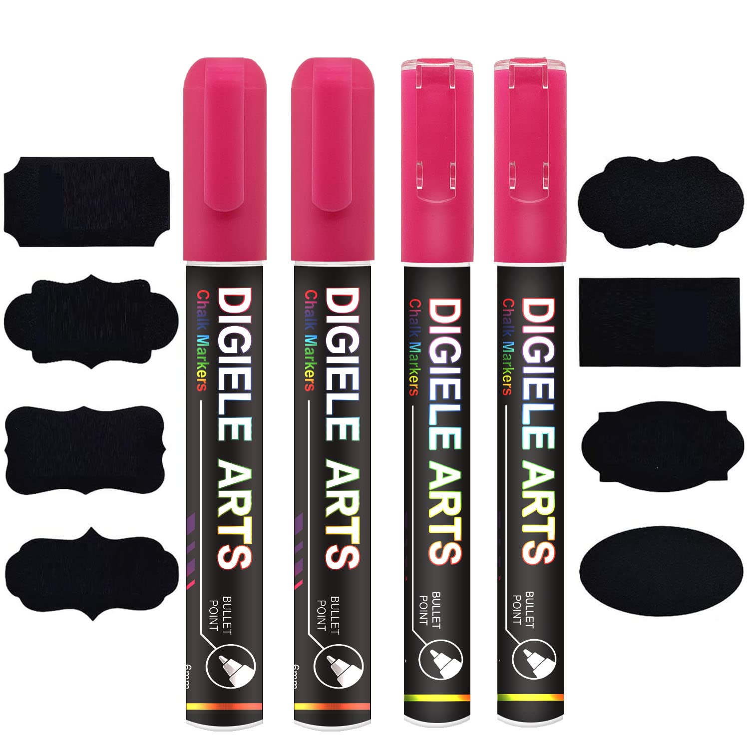 DIGIELE 2pcs Pink Chalk Pens + 2pcs 6mm Pink Markers, Dry or Wet Wipe Erase, Thin & Medium Reversible Bullet or Chisel Tip, Pack of 4 with 16 Chalkboard Labels